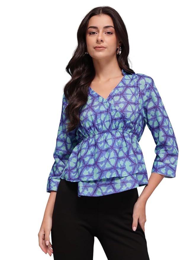 Amazon Brand - INKAST Women Dye Print V-Neck Tunic Top|3/4th Sleeve|