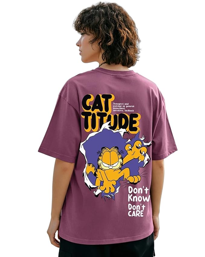 Bewakoof X Garfield Garfield Women's 100% Cotton Graphic Print Oversized Fit Half Sleeve V-Neck T-Shirt | Casual wear | Streetwear | Oversized Tshirt for Woman Cotton| Baggy