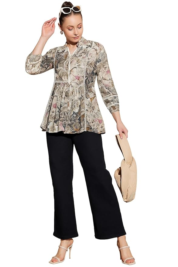 Amazon Brand - INKAST Women Floral Viscose Blend Regular Fit Tops | Blouse | Elasticated Cuffs | Shirt