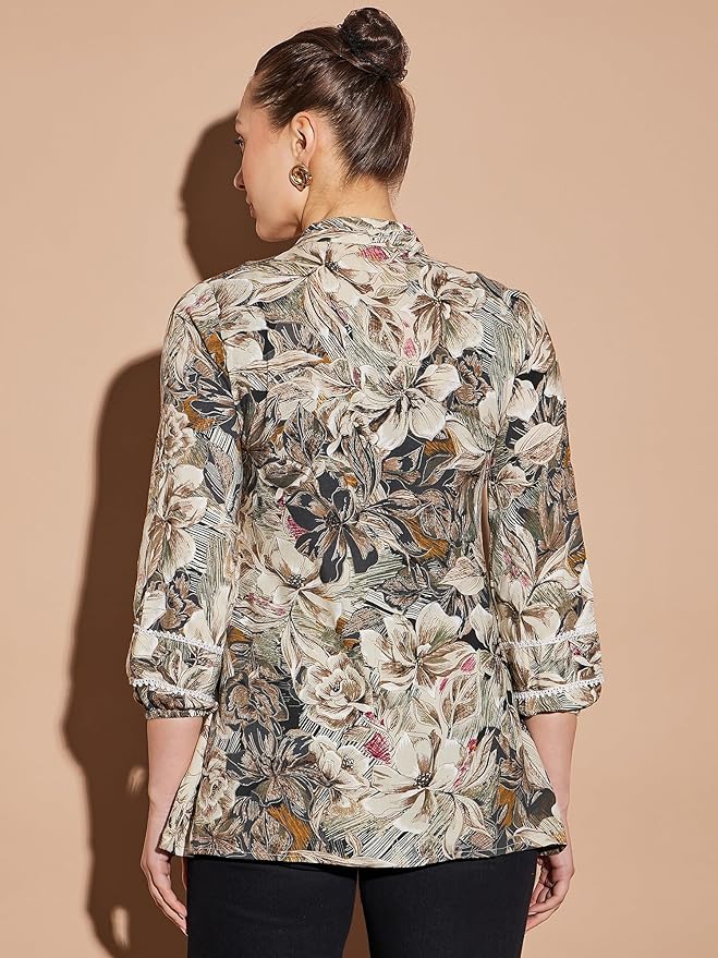 Amazon Brand - INKAST Women Floral Viscose Blend Regular Fit Tops | Blouse | Elasticated Cuffs | Shirt