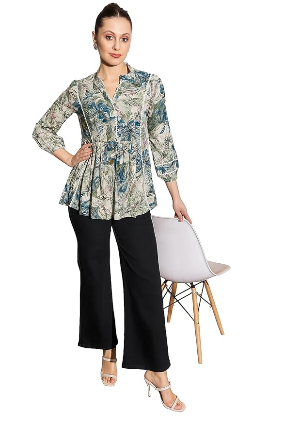 Amazon Brand - INKAST Women Floral Viscose Blend Regular Fit Tops | Blouse | Elasticated Cuffs | Shirt