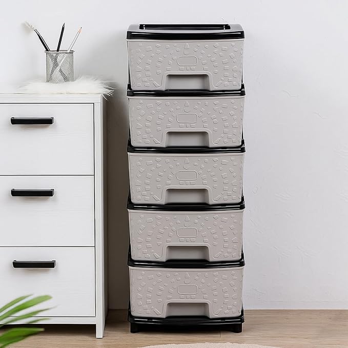 Amazon Basics Plastic 5 Rack Multipurpose Modular Drawer Storage Rack | Kitchen & Home Essentials Organizer Storage Box Cabinet | Almira Set for Stationary Cosmetic |Black & Grey 36D x 30W x 77H cms