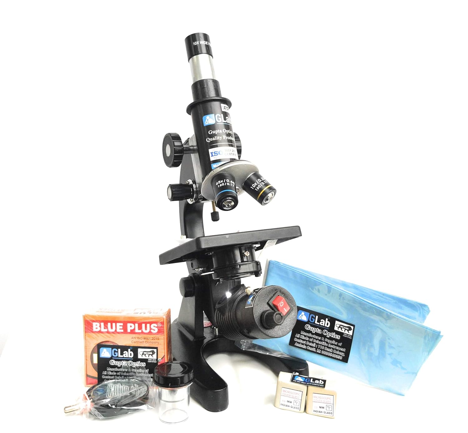GLAB Compound Student Microscope with LED Lamp | 50 Blank & 2 Prepared Slides | ISO 9001:2015 Certified | Biological Lab Microscope for Students, Schools & Research Use