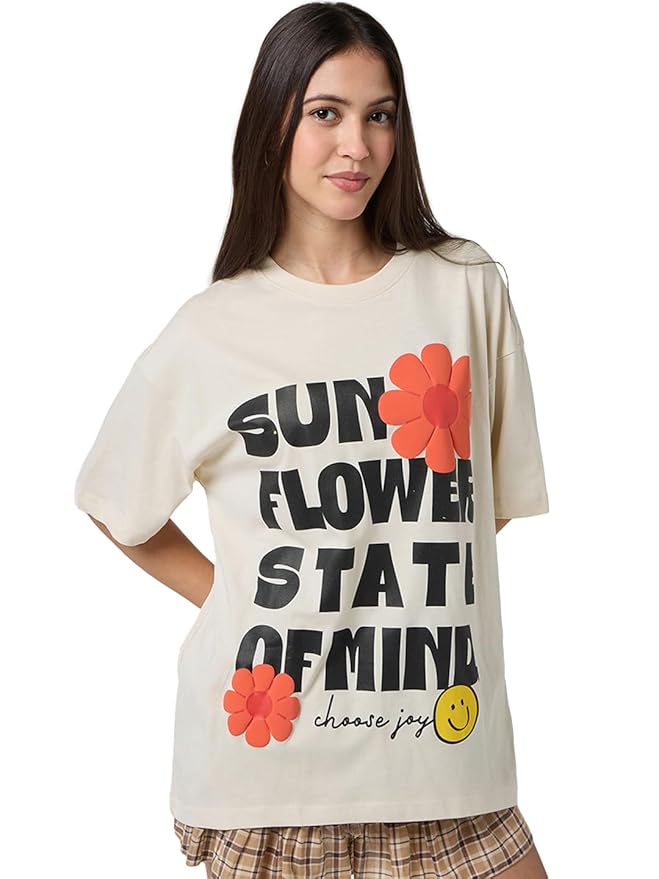 Bewakoof Women's Cotton Printed Oversized Fit Half Sleeve Round Neck T-Shirt | Casual wear | Streetwear | Oversized Tshirt for Woman Cotton| Baggy