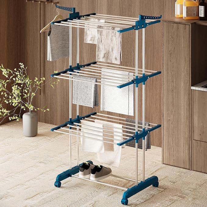Amazon Basics Mild Steel Double Supported 3 Layer Cloth Drying Rack | Foldable and Movable | Silver & Teal | Iron, Plastic |