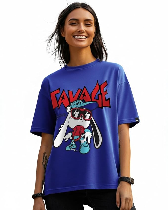 Bewakoof Women's Being Savage Graphic Printed Oversized Cotton T-Shirt Oversized Fit, Round Neck, Half Sleeves