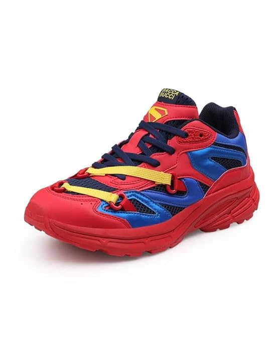 Bacca Bucci Men’s Superman Inspired Chunky Sneakers | Casual Sports Shoes with Mesh Panels, Bold Red Blue Yellow Colorway, Statement Streetwear Lace-Up Shoes