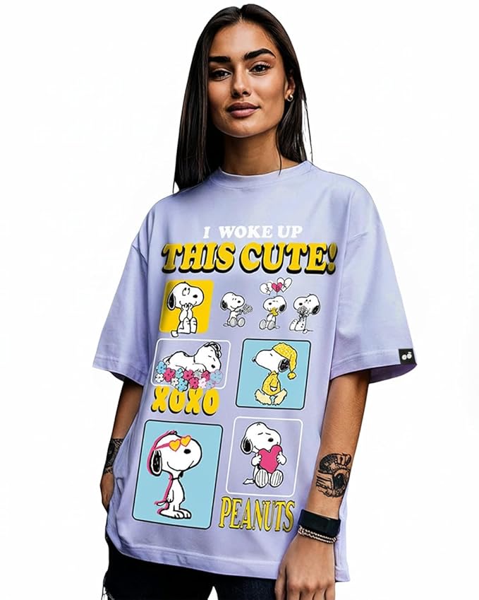 Bewakoof X Peanuts Women's 100% Cotton AOP Oversized Fit Half Sleeve Round Neck T-Shirt | Casual wear | Streetwear | Oversized Tshirt for Woman Cotton| Baggy