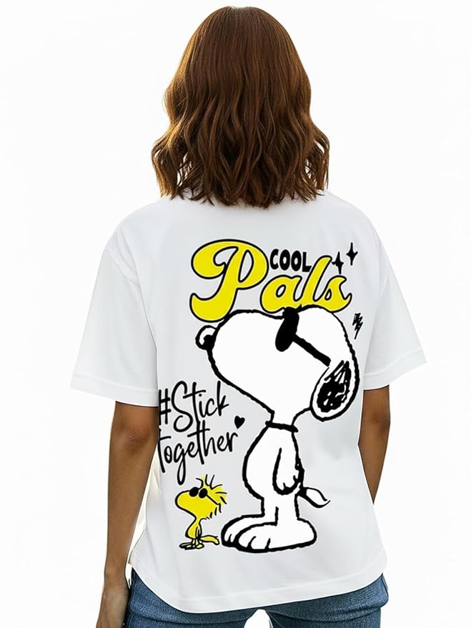 Bewakoof X Peanuts Women's 100% Cotton AOP Oversized Fit Half Sleeve Round Neck T-Shirt | Casual wear | Streetwear | Oversized Tshirt for Woman Cotton| Baggy