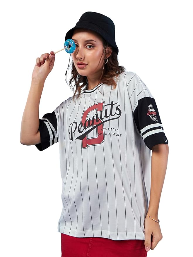 Bewakoof X Peanuts Women's 100% Cotton AOP Oversized Fit Half Sleeve Round Neck T-Shirt | Casual wear | Streetwear | Oversized Tshirt for Woman Cotton| Baggy