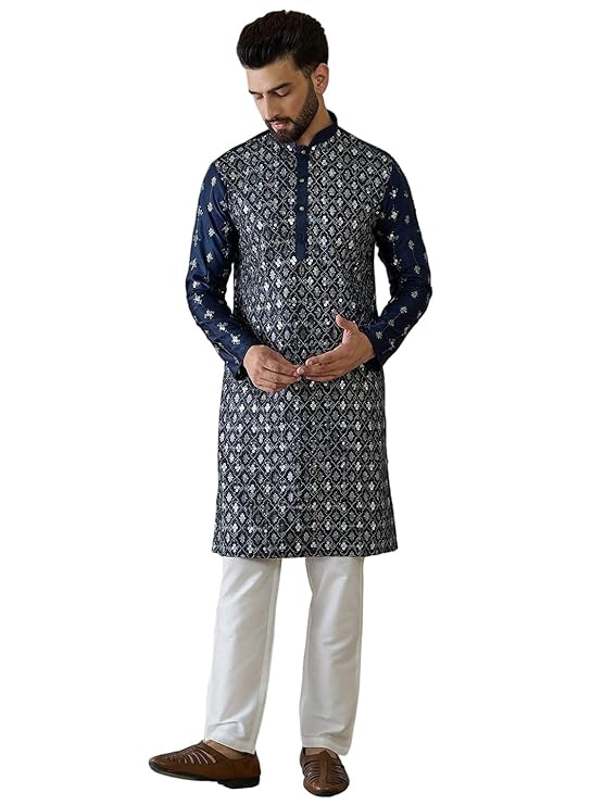 Amazon Brand - Tavasya Men Embroidered Thread Work Festive Long Embellished Kurta