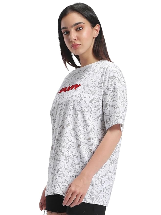 Bewakoof X Peanuts Women's 100% Cotton AOP Oversized Fit Half Sleeve Round Neck T-Shirt | Casual wear | Streetwear | Oversized Tshirt for Woman Cotton| Baggy