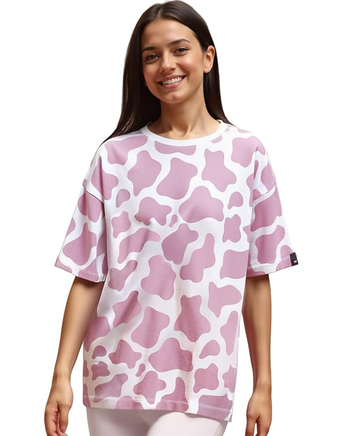 Bewakoof Women's 100% Cotton Camouflage Oversized Fit Half Sleeve Round Neck T-Shirt | Casual wear | Streetwear | Oversized Tshirt for Woman Cotton| Baggy