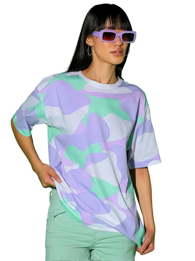 Bewakoof Women's 100% Cotton Camouflage Oversized Fit Half Sleeve Round Neck T-Shirt | Casual wear | Streetwear | Oversized Tshirt for Woman Cotton| Baggy