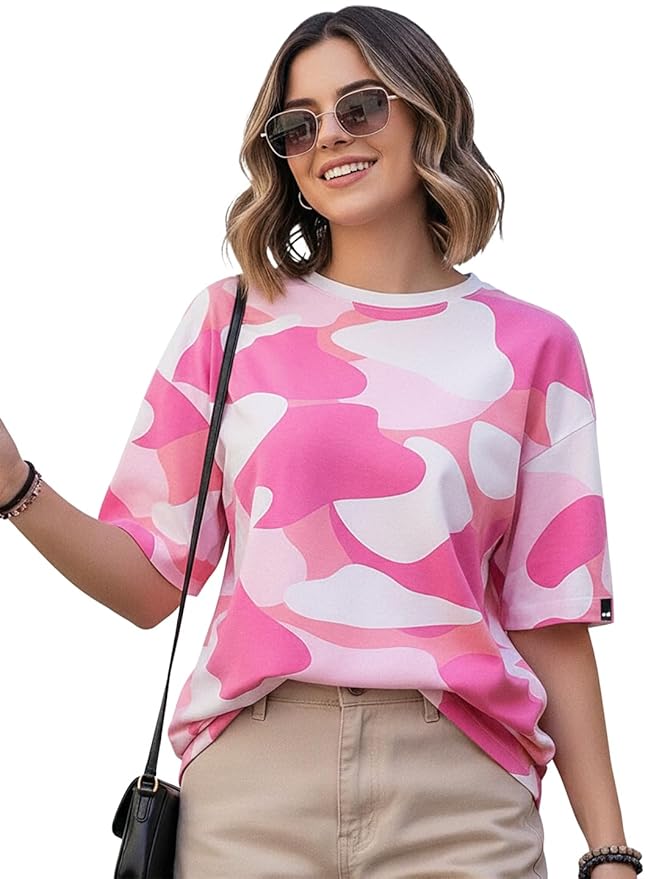 Bewakoof Women's 100% Cotton Camouflage Oversized Fit Half Sleeve Round Neck T-Shirt | Casual wear | Streetwear | Oversized Tshirt for Woman Cotton| Baggy