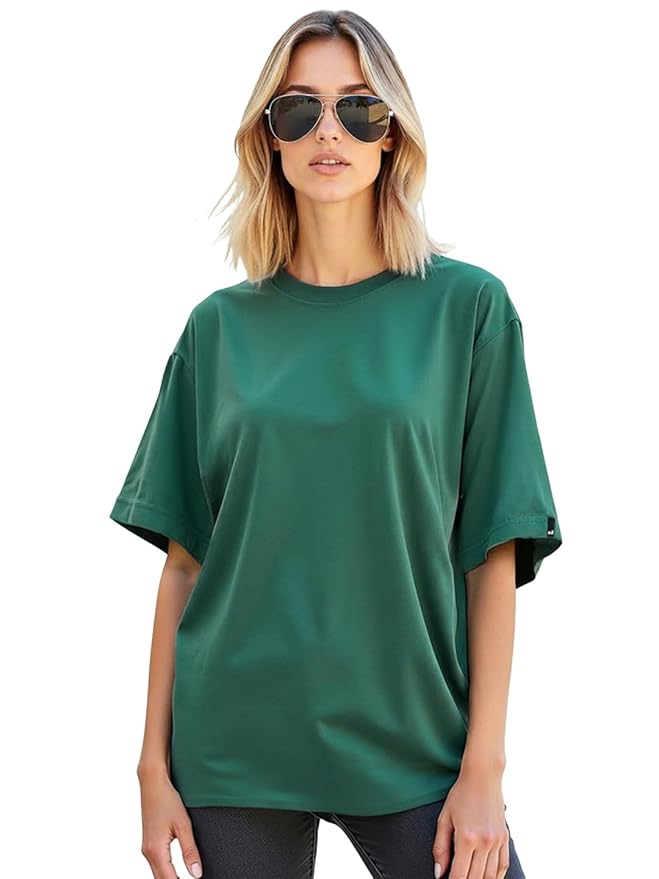 Bewakoof Women's Solid Oversized Fit Half Sleeve Round Neck Cotton Jersey T-Shirt