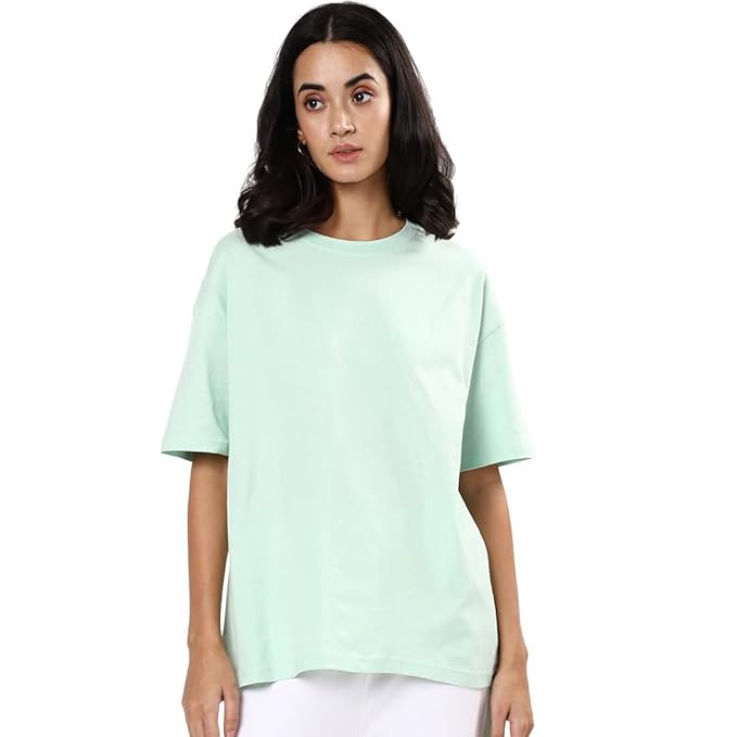 Bewakoof Women's Solid Oversized Fit Half Sleeve Round Neck Cotton Jersey T-Shirt