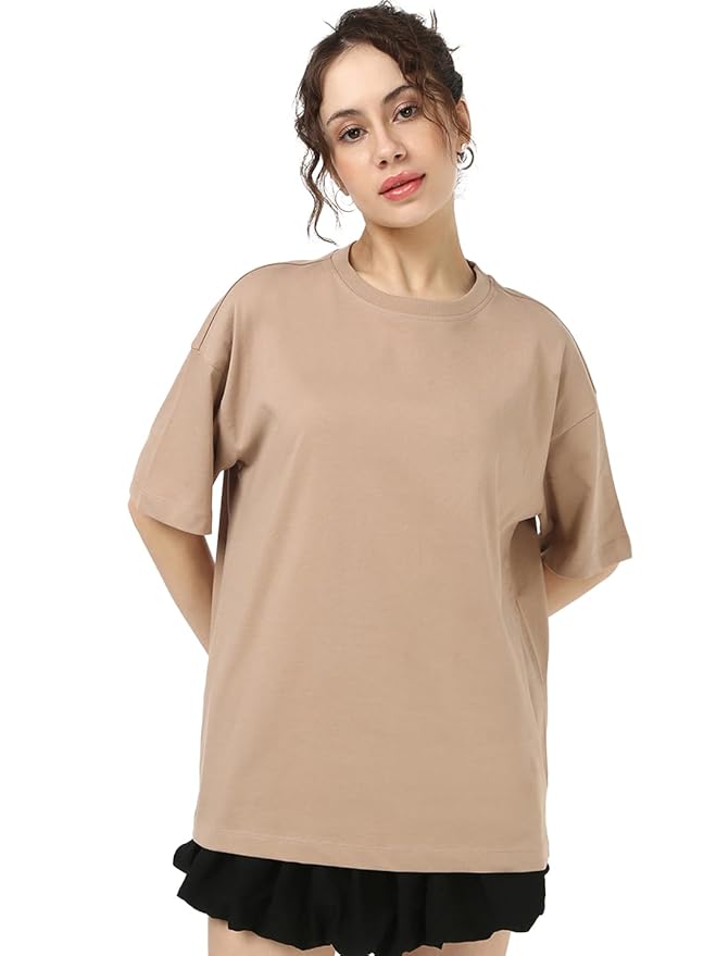 Bewakoof Women's Solid Oversized Fit Half Sleeve Round Neck Cotton Jersey T-Shirt