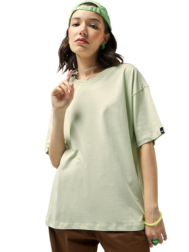 Bewakoof Women's Solid Oversized Fit Half Sleeve Round Neck Cotton Jersey T-Shirt