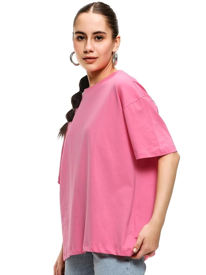 Bewakoof Women's Solid Oversized Fit Half Sleeve Round Neck Cotton Jersey T-Shirt