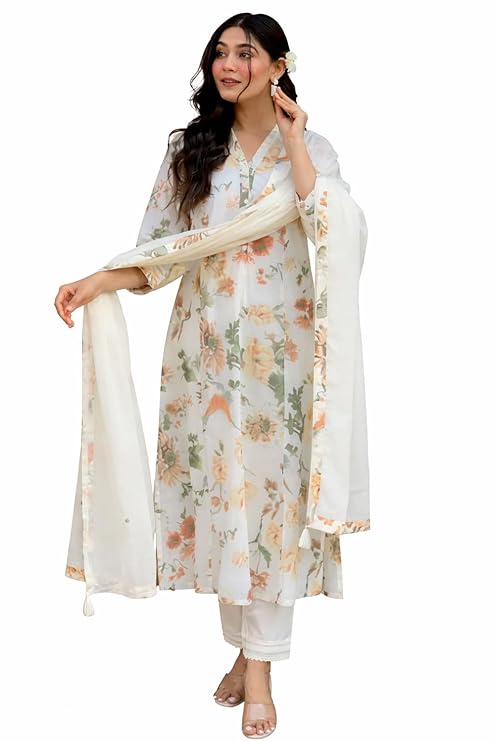 Women's Floral Print Kurta Set with Dupatta, White and Peach, Cotton Blend, Ethnic Wear