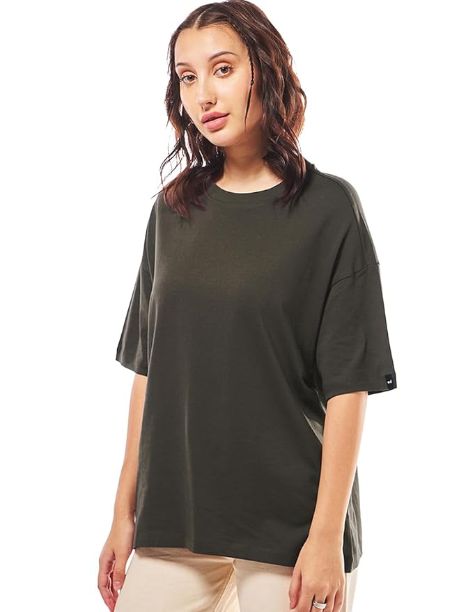 Bewakoof Women's Solid Oversized Fit Half Sleeve Round Neck Cotton Jersey T-Shirt