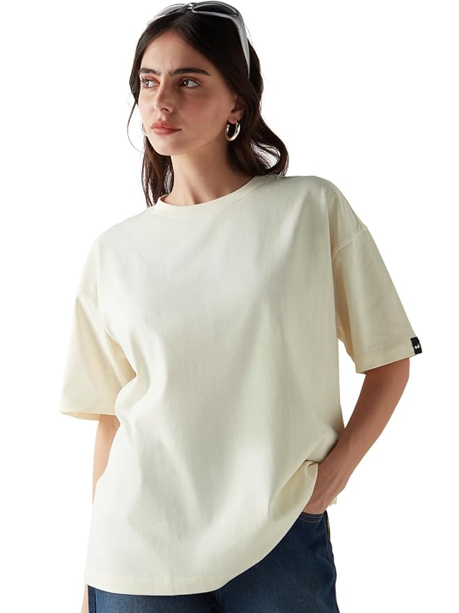 Bewakoof Women's Solid Oversized Fit Half Sleeve Round Neck Cotton Jersey T-Shirt