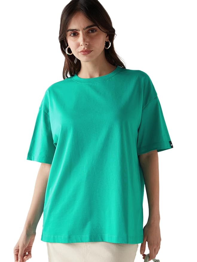 Bewakoof Women's Solid Oversized Fit Half Sleeve Round Neck Cotton Jersey T-Shirt