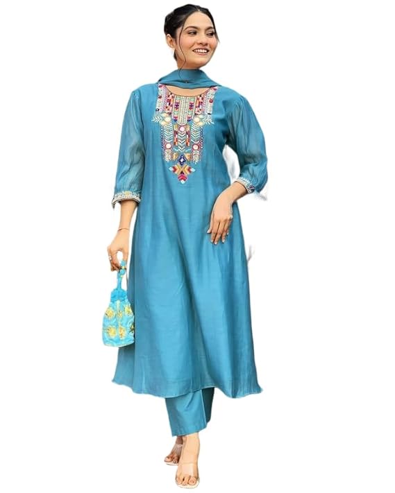 Women Beautiful Embroidred Chinon Silk Kurta With Pant and Dupatta