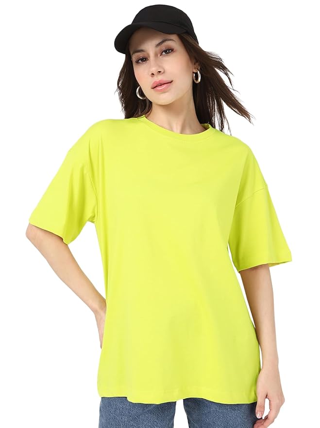 Bewakoof Women's Solid Oversized Fit Half Sleeve Round Neck Cotton Jersey T-Shirt