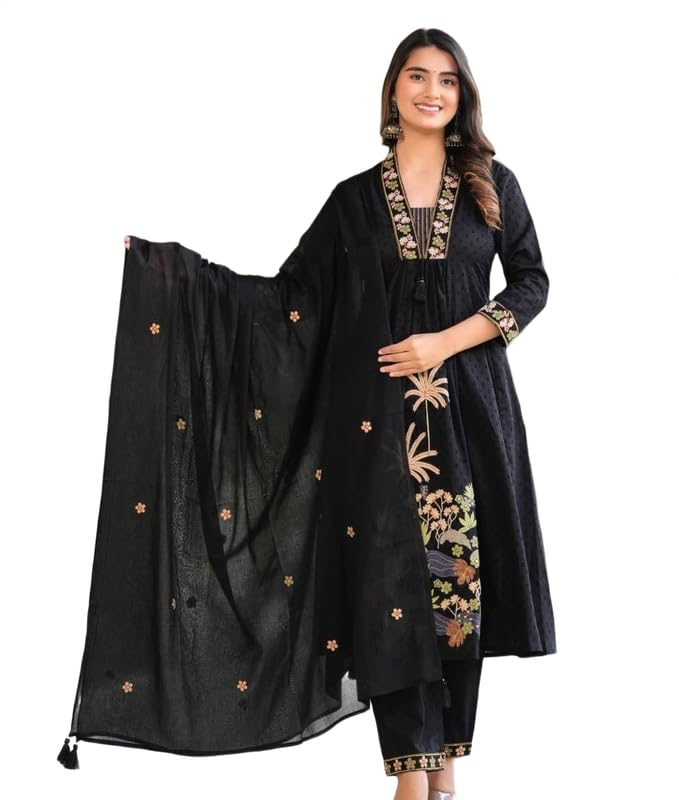 Women Attractive Embroidred Cotton Kurta With Pant and Dupatta