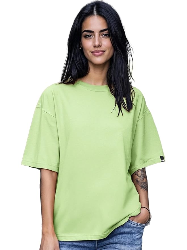 Bewakoof Women's Solid Oversized Fit Half Sleeve Round Neck Cotton Jersey T-Shirt