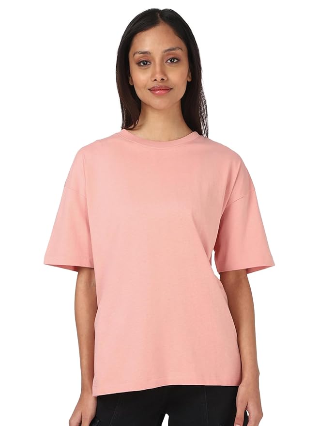 Bewakoof Women's Solid Oversized Fit Half Sleeve Round Neck Cotton Jersey T-Shirt