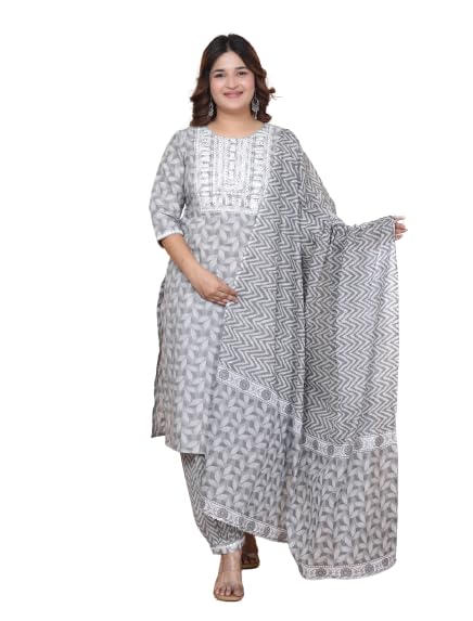 Women Cotton Embroidered Kurta with Pant & Dupatta (Medium, Grey)