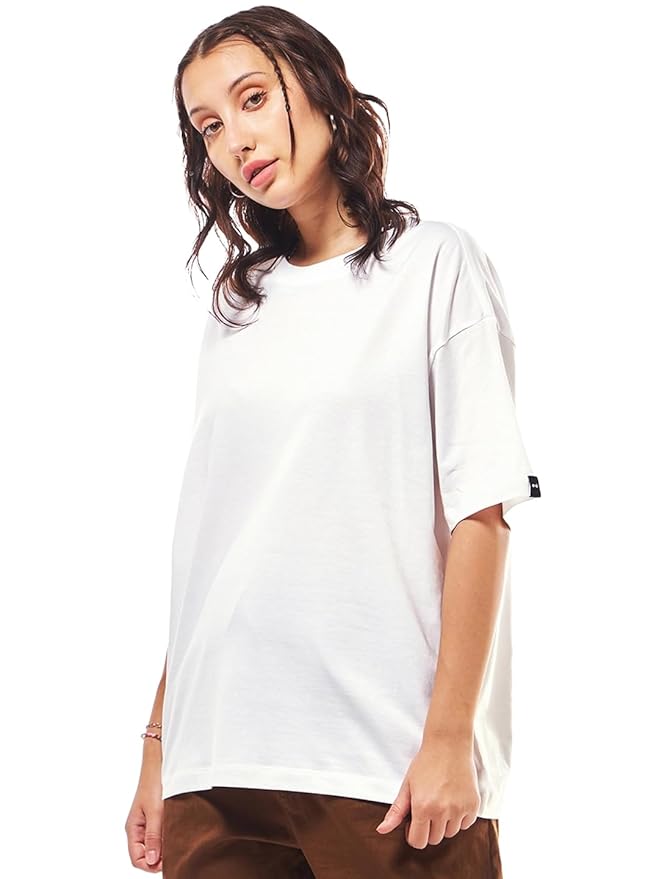 Bewakoof Women's Solid Oversized Fit Half Sleeve Round Neck Cotton Jersey T-Shirt