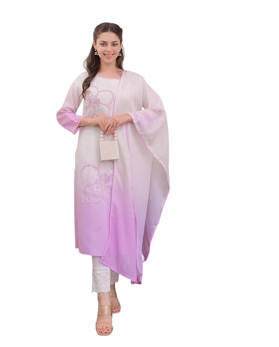 Women Hand Embroidered A-Line Kurta with Bottom and Dupatta Muslin Silk Blend Straight Kurta Set for Women