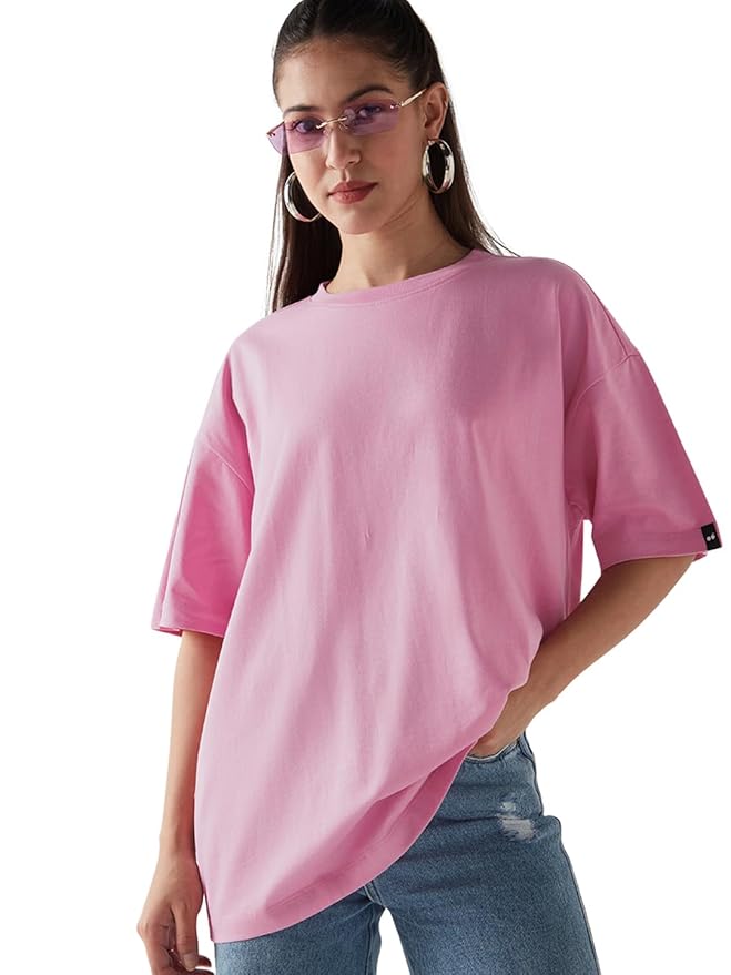 Bewakoof Women's Solid Oversized Fit Half Sleeve Round Neck Cotton Jersey T-Shirt