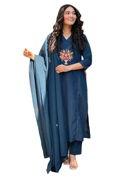 Women Trendy Embroidred Cotton Flex Blue Kurta With Pant and Dupatta