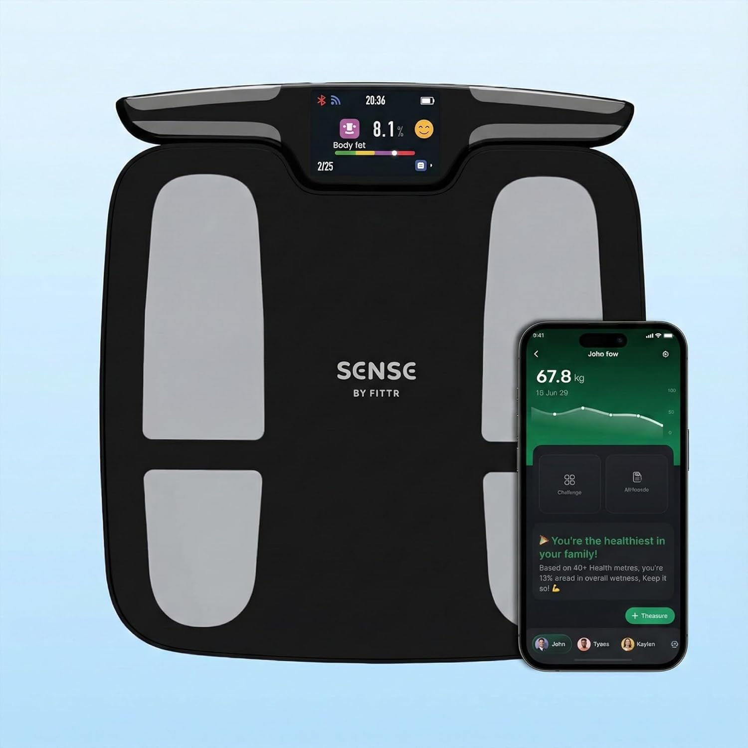 SENSE Smart Scale Pro, Tracks 50+ Health Metrics, Body Composition, Heart Rate, Body Fat Analysis and More, Auto Identifies User, Seamless FITTR App Sync, Black