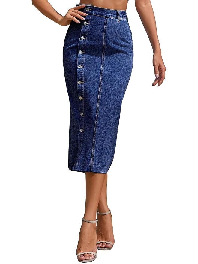 Shasmi Girl's & Women's Front Button-Up Slit Longline Single Breasted Long Casual Denim Skirt Suitable for Daily WearSkirt 233