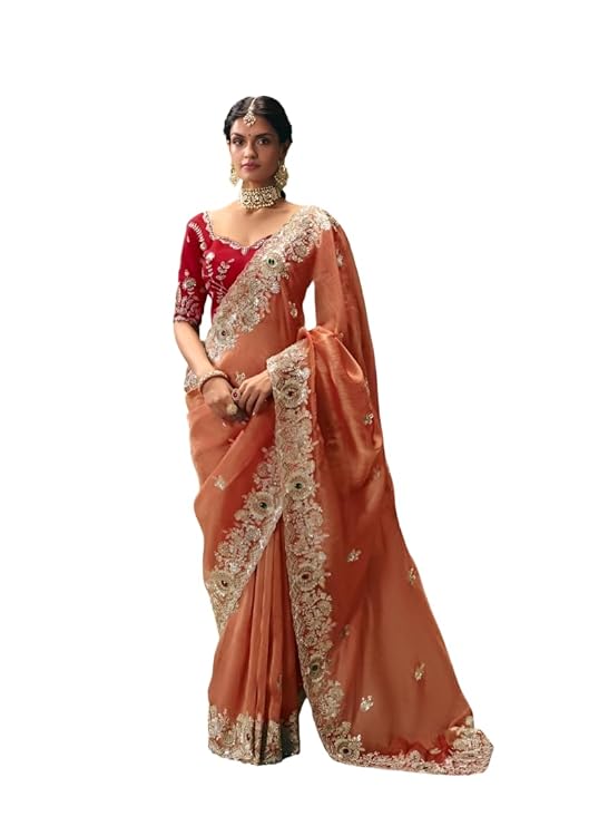 Embroidered Saree with Blouse, Peach Orange, Embellished Border, Red Velvet Blouse