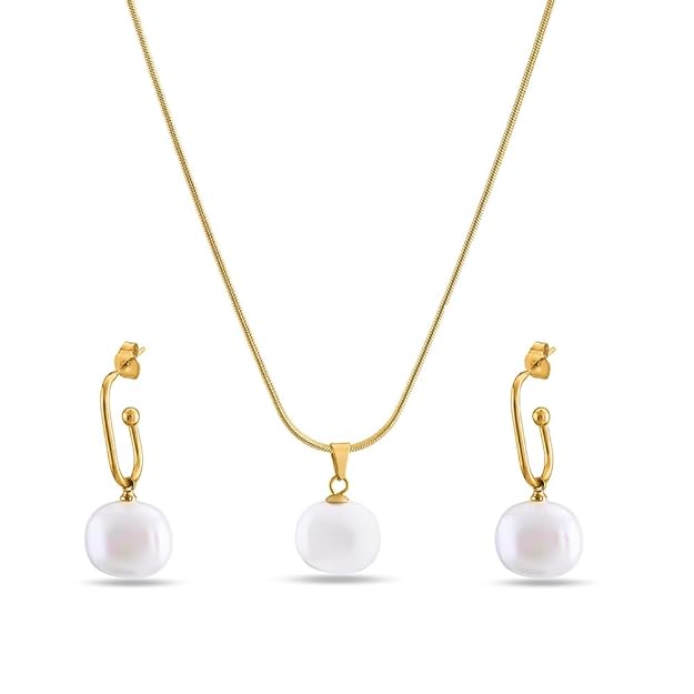 PALMONAS Classic Pearl Pendant Necklace & Earring Jewellery Set for Womens