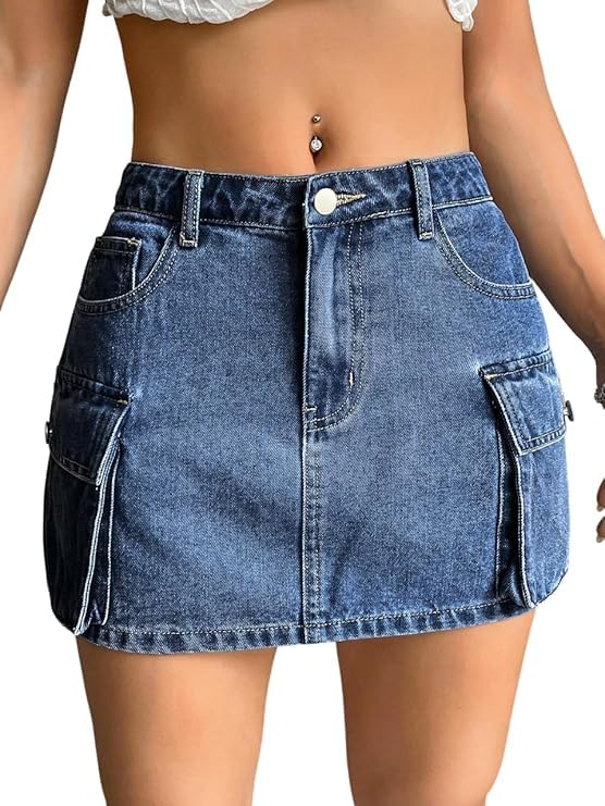 Women's High Waist Button Pleated Hem Skater A Line Streetwear Mini Denim Skirt