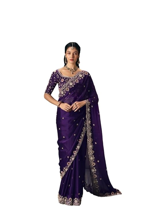 Purple Embroidered Saree with Blouse, Heavy Zari Work, Georgette Fabric
