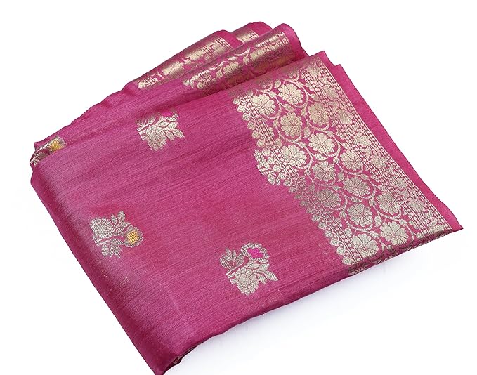 Inwaara Munga Silk Saree with Phenkua Weaving, Soft Pink with Golden Zari Border, Traditional Alsi Craftsmanship, Unstitched Blouse Material