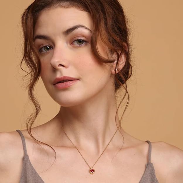 PALMONAS Red Emerald Heart Pendant Necklace for Women - Gold Plated Necklace Chain, Waterproof & Anti Tarnish Jewellery | Gift For Women & Girls
