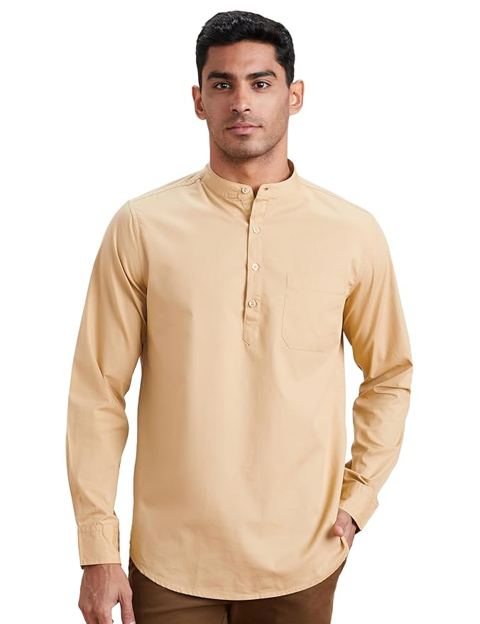 Amazon Brand - Symbol Men's Cotton Shirt | Kurta Placket Style | Casual | Plain | Full Sleeve | Summer - Regular Fit (Available in Plus Sizes)