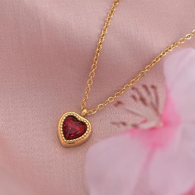 PALMONAS Red Emerald Heart Pendant Necklace for Women - Gold Plated Necklace Chain, Waterproof & Anti Tarnish Jewellery | Gift For Women & Girls