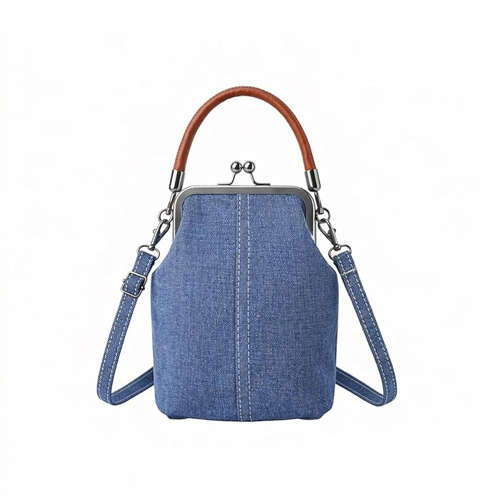 PALAY® Sling Bag for Woman Denim Kiss Lock Mobile Bag with Adjustable Crossbody Strap Blue Small Bucket Phone Shoulder Handbag with Top Handle for Daily, Travel