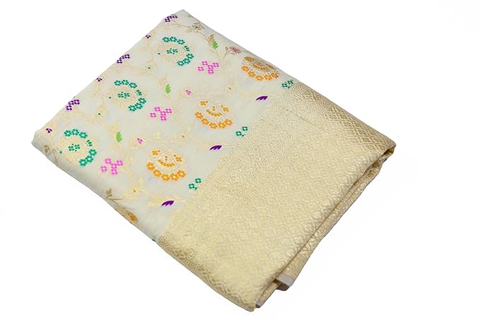 Inwaara Ivory Munga Silk Saree with Alfi Meenakari Jaal Work, Multicolor Floral Motifs, Handloom Weave, Unstitched Blouse Material